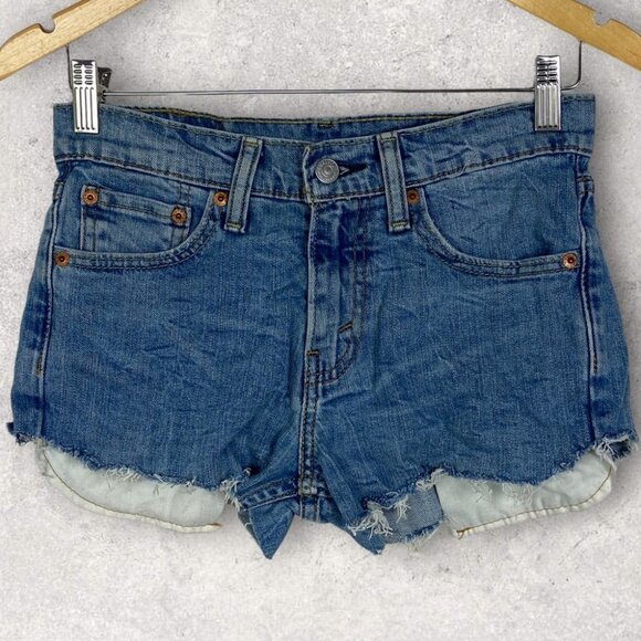 Levis Cut Off Jean Shorts Size 28 Stretch Zipper Fly Belt Loops Raw Hem Denim - Picture 1 of 12
